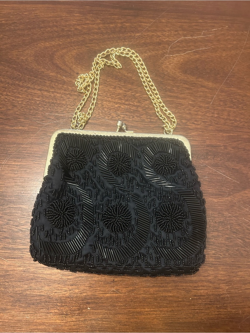 La Regale Vintage Black Beaded Evening Clutch with Gold Chain Strap